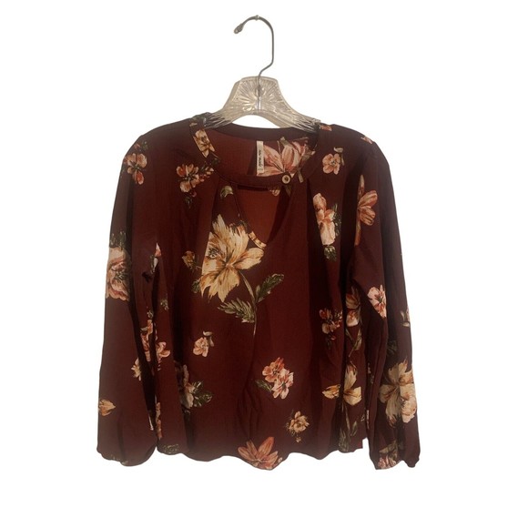 New Made Tops - Floral Top Women's Medium Burgundy Floral Tunic Shirt Made in USA
